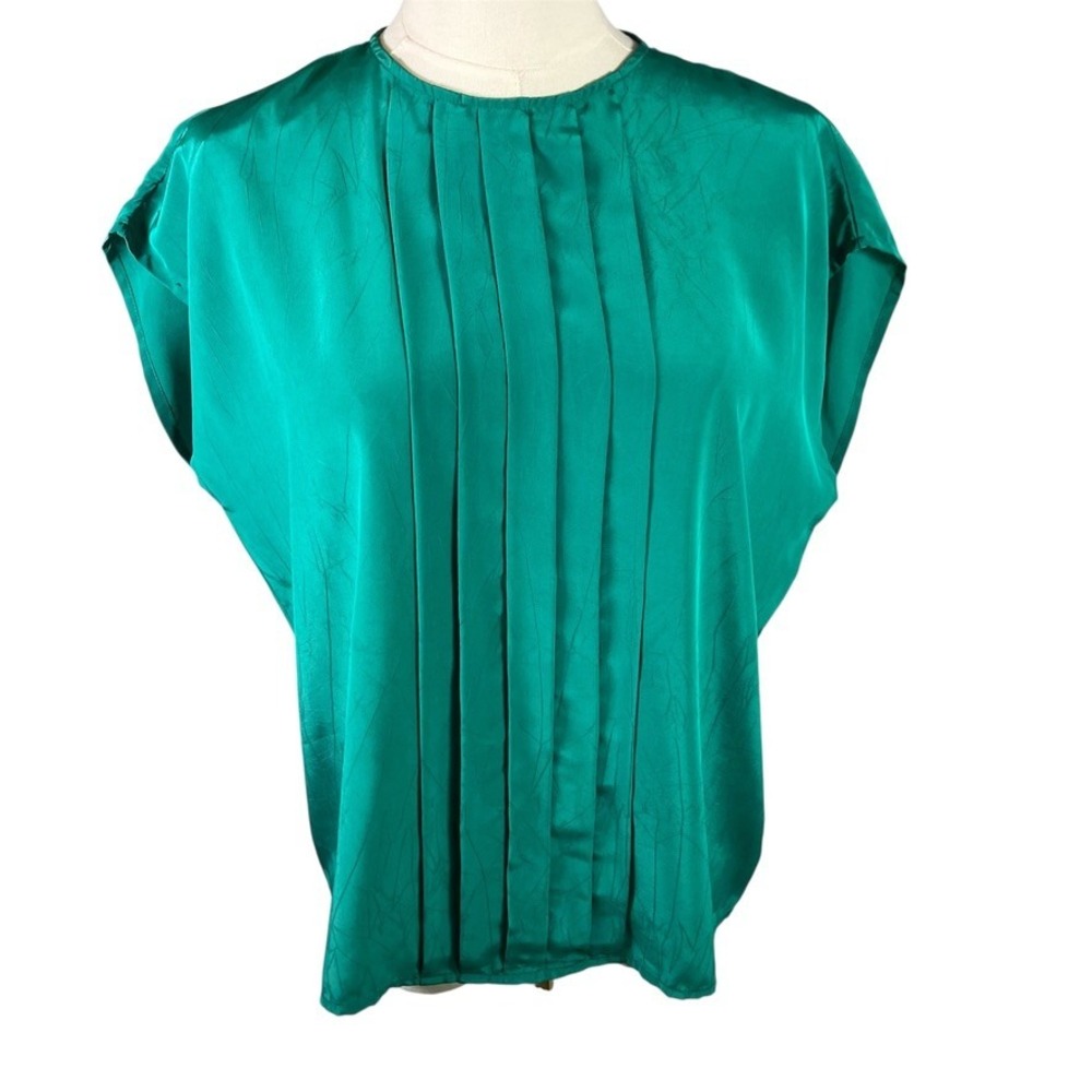 Vintage Michelle Stuart Green Pleated Blouse Top Size‎ M Made In Shanghai Preppy